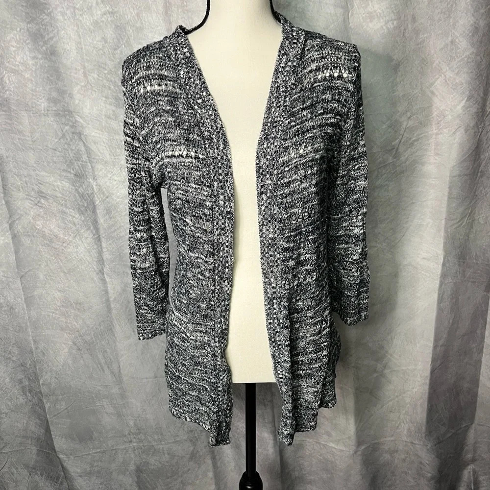 United States Sweaters Black and White Variegated Open Knit 3/4 Sleeve Cardigan